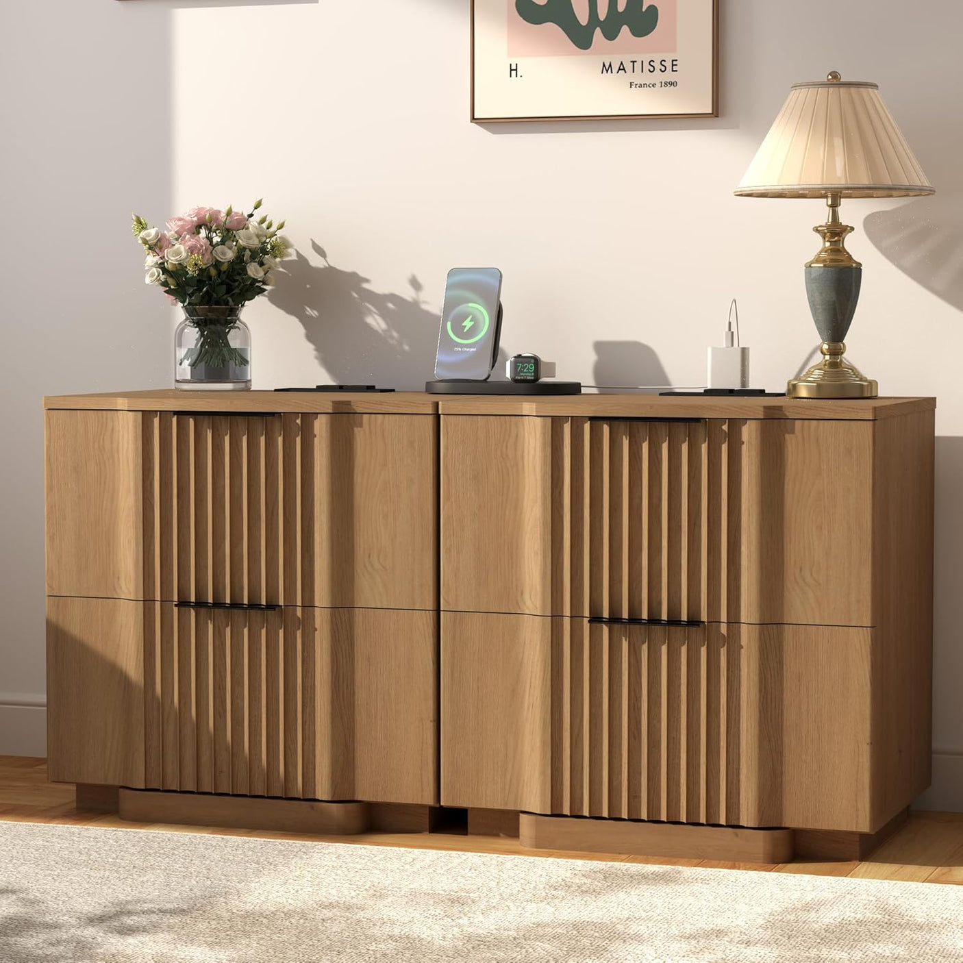 Fluted Nightstand with Charging Station
