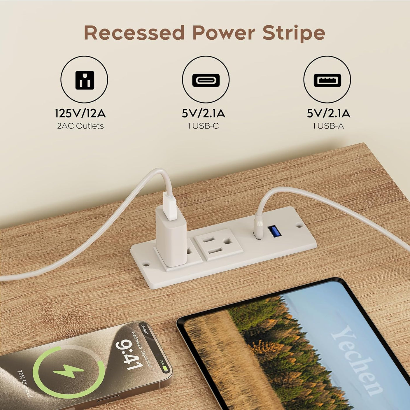 L-Shaped Standing Adjustable Desk, 4-in-1 Power Strip