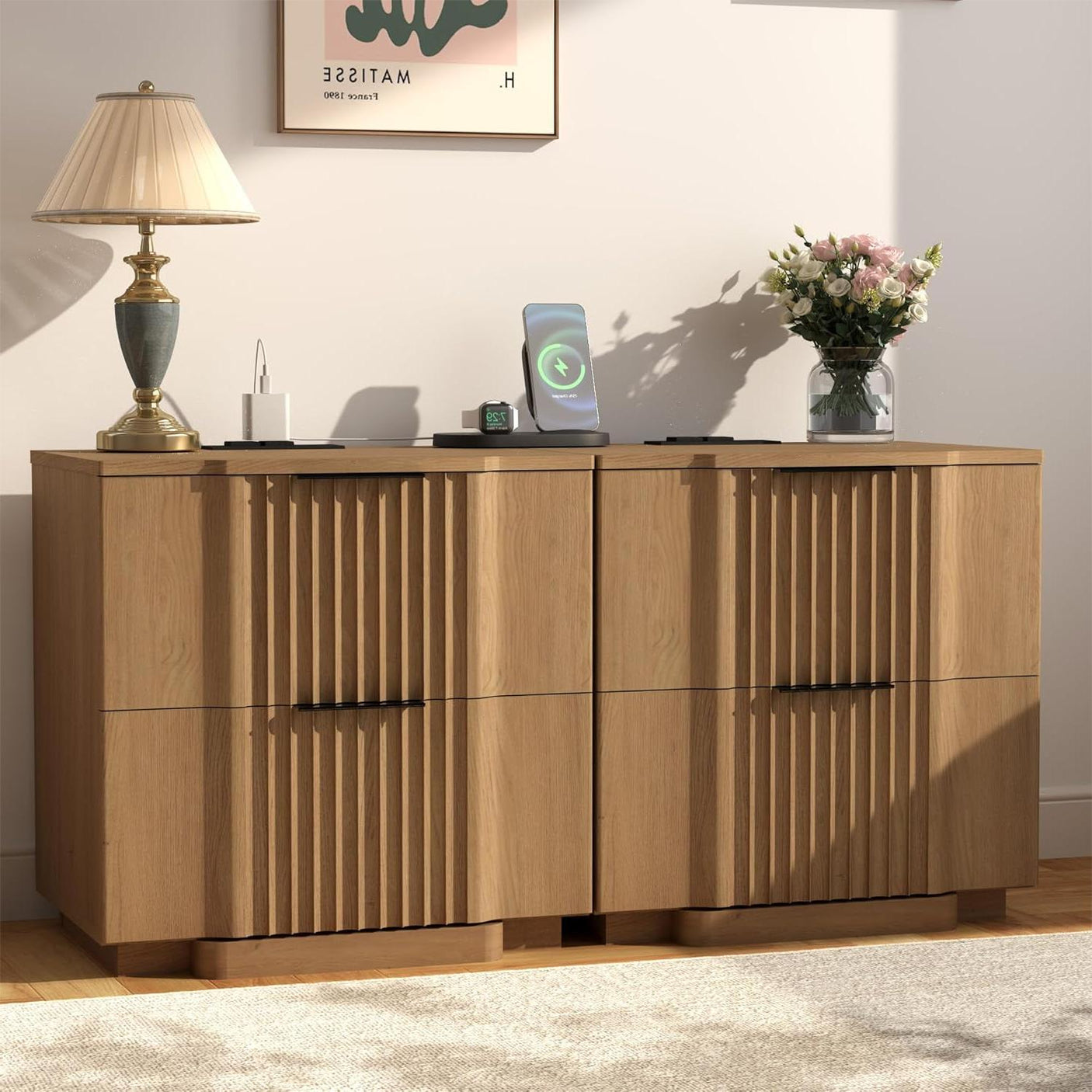 Fluted Nightstand with Charging Station