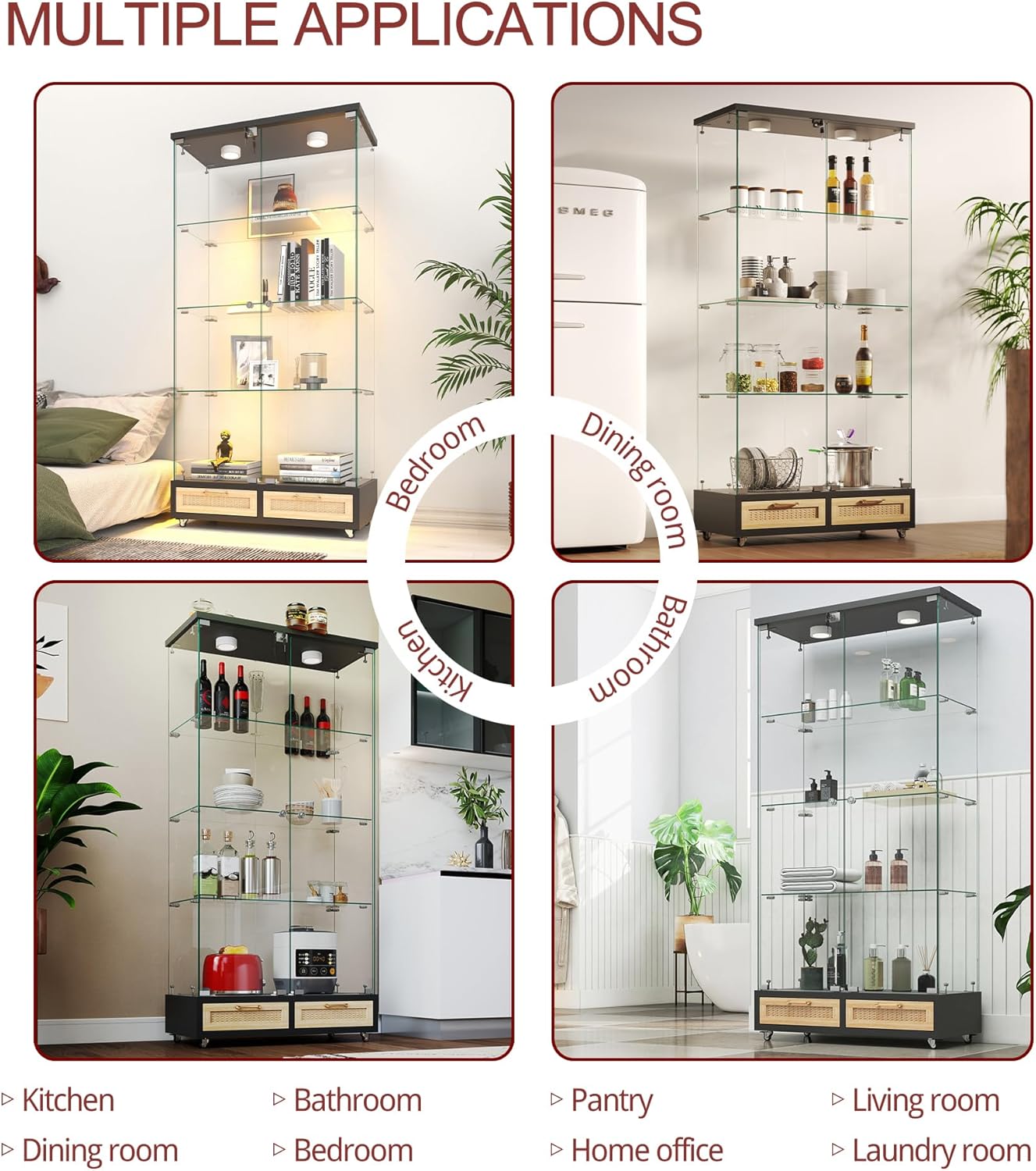 YECHEN Glass Display Cabinet with LED Lights | Double-Door Curio Cabinet with 2 Drawers