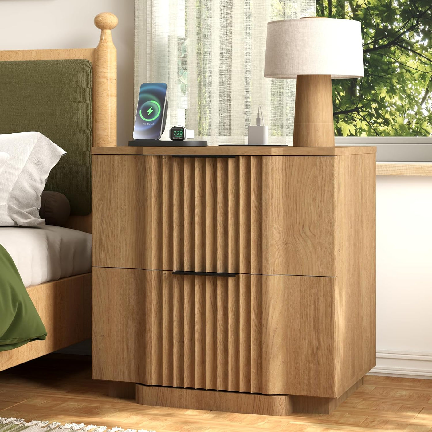 Fluted Nightstand with Charging Station