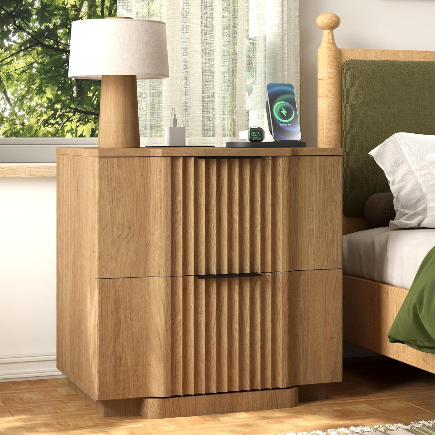 Fluted Nightstand with Charging Station