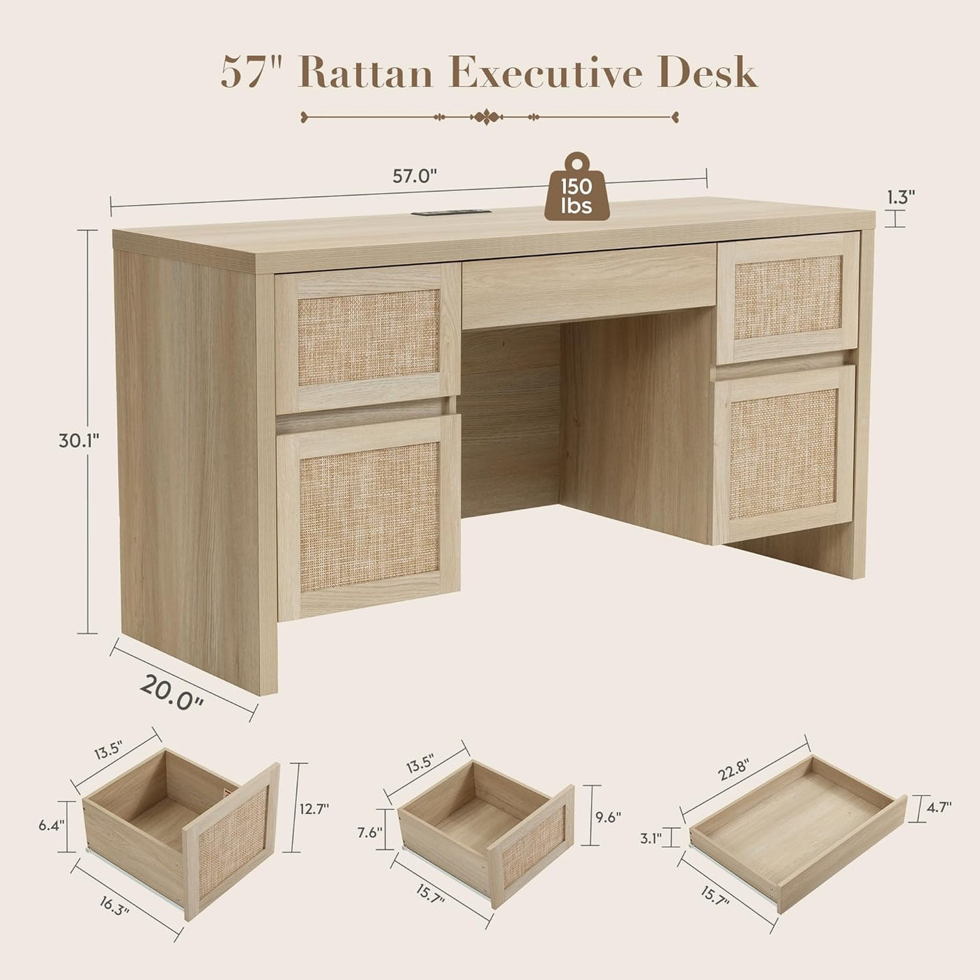 Yechen 57" Modern Rattan Executive Desk with 5 Drawers