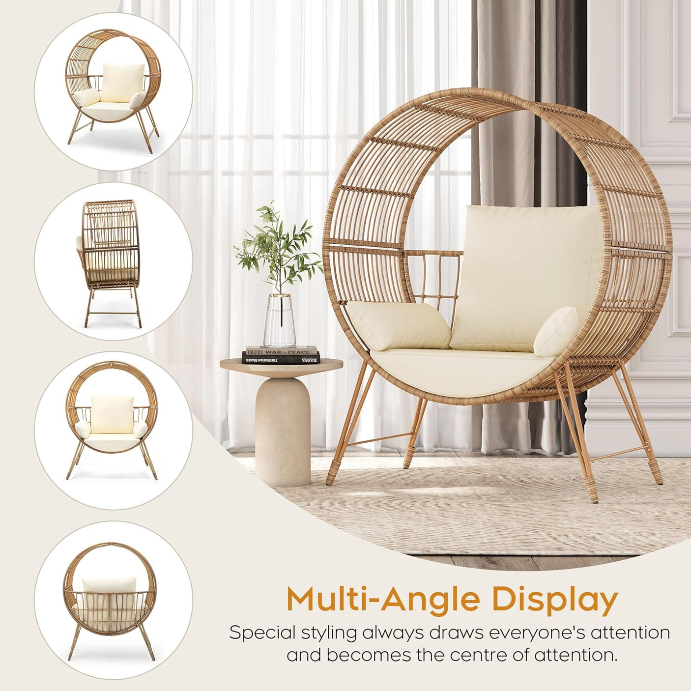 Outdoor Oversized Wicker Patio Egg Chair with Cushions