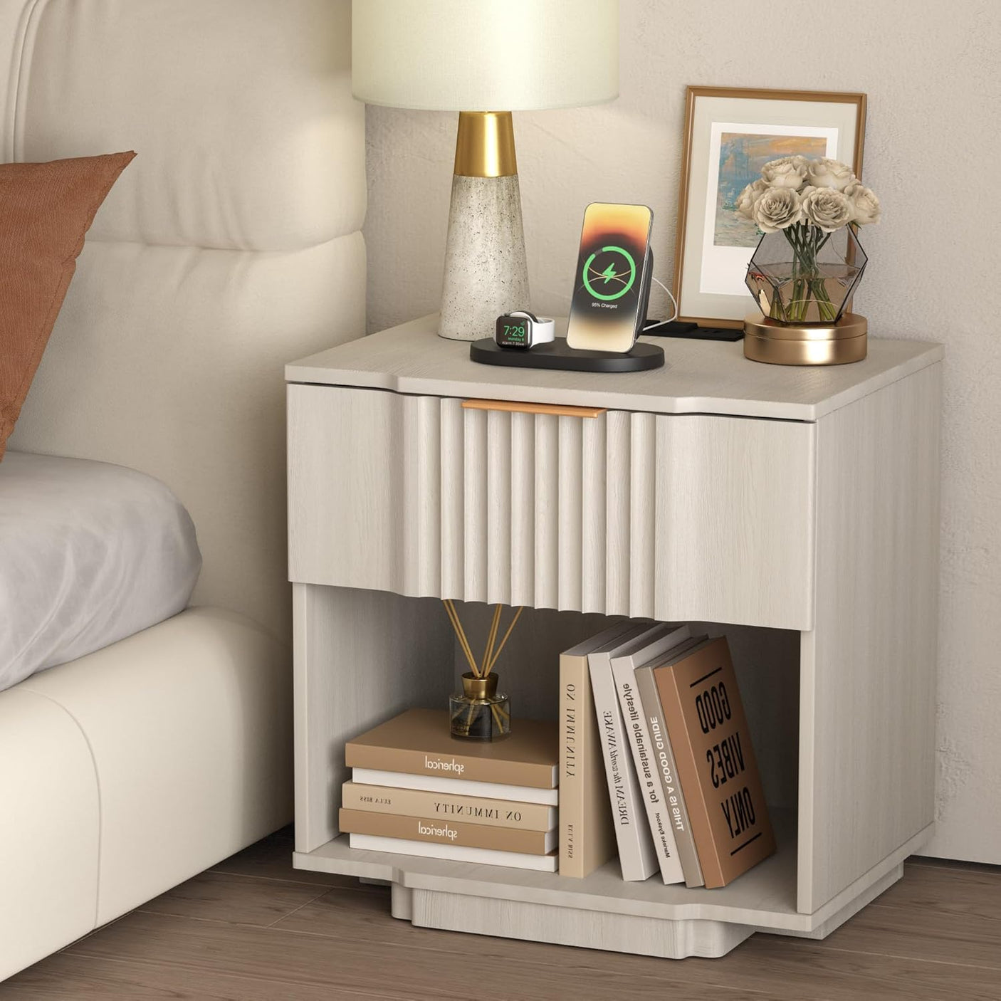 Fluted Night Stand with 20W Fast Charging Station