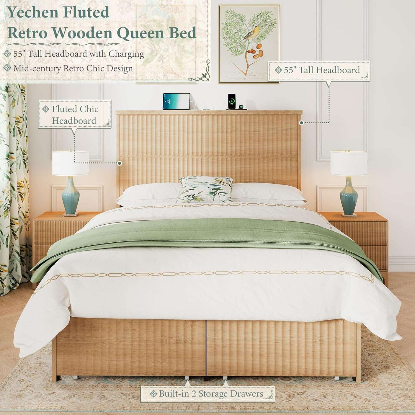 Retro Fluted Queen Bed Frame with 55" Tall Headboard and Storage Drawers