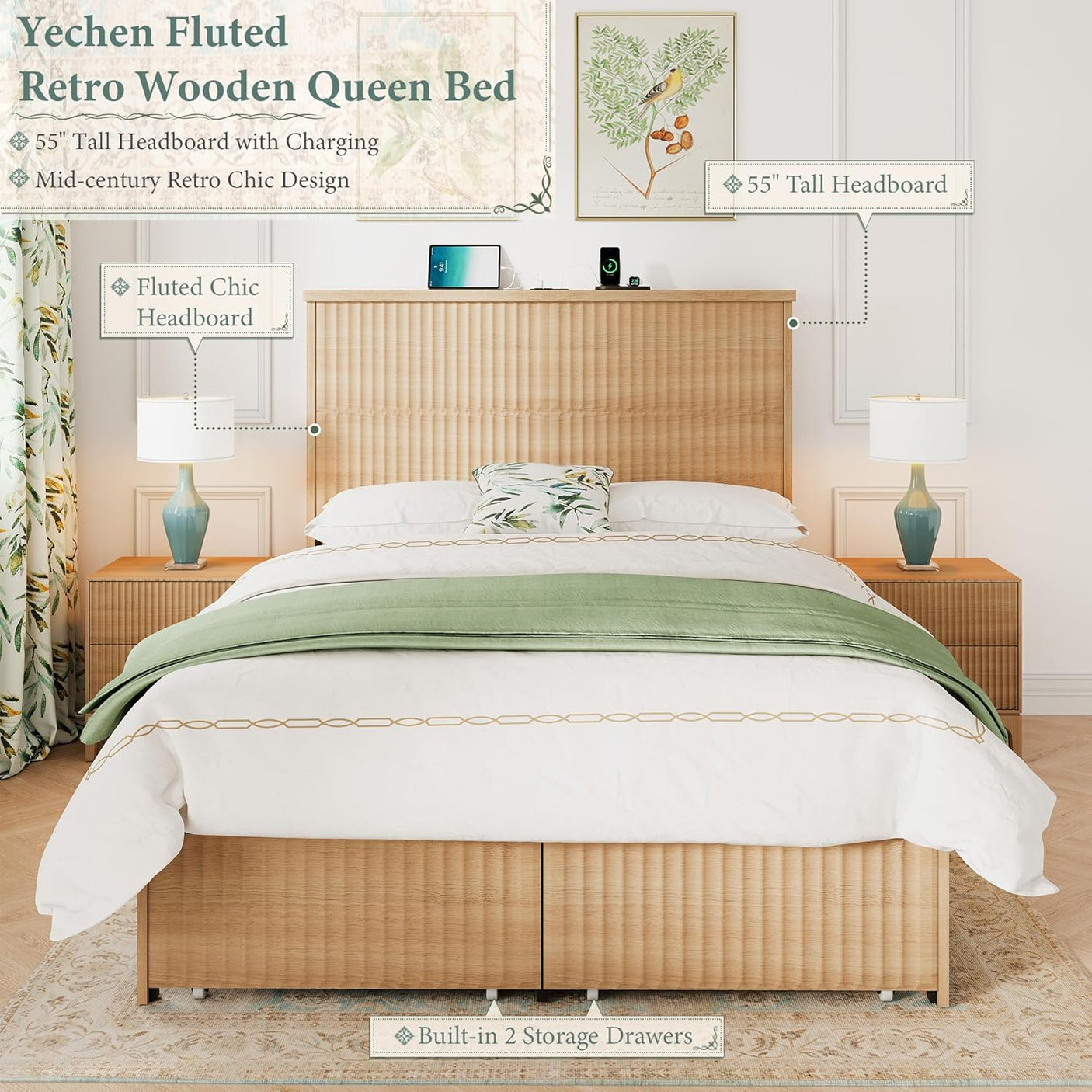 Retro Fluted Queen Bed Frame with 55" Tall Headboard and Storage Drawers
