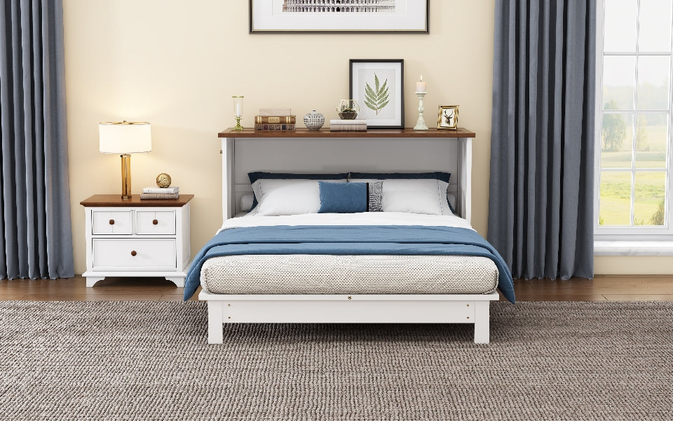 Solid Pine horizontal Murphy Bed Cabinet with Charging Station and Large Storage Drawer