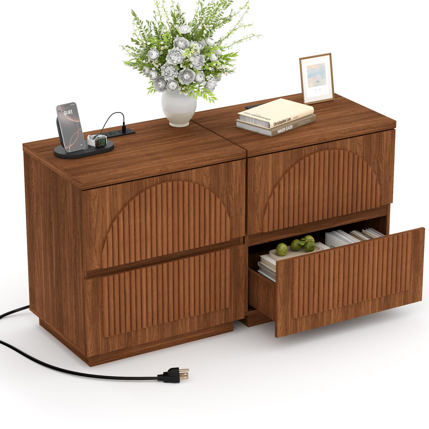 Yechen Modern Fluted Nightstand with Storage, Arched Reeded Night Stand with Charging Station, Bedside Table for Bedroom, Walnut