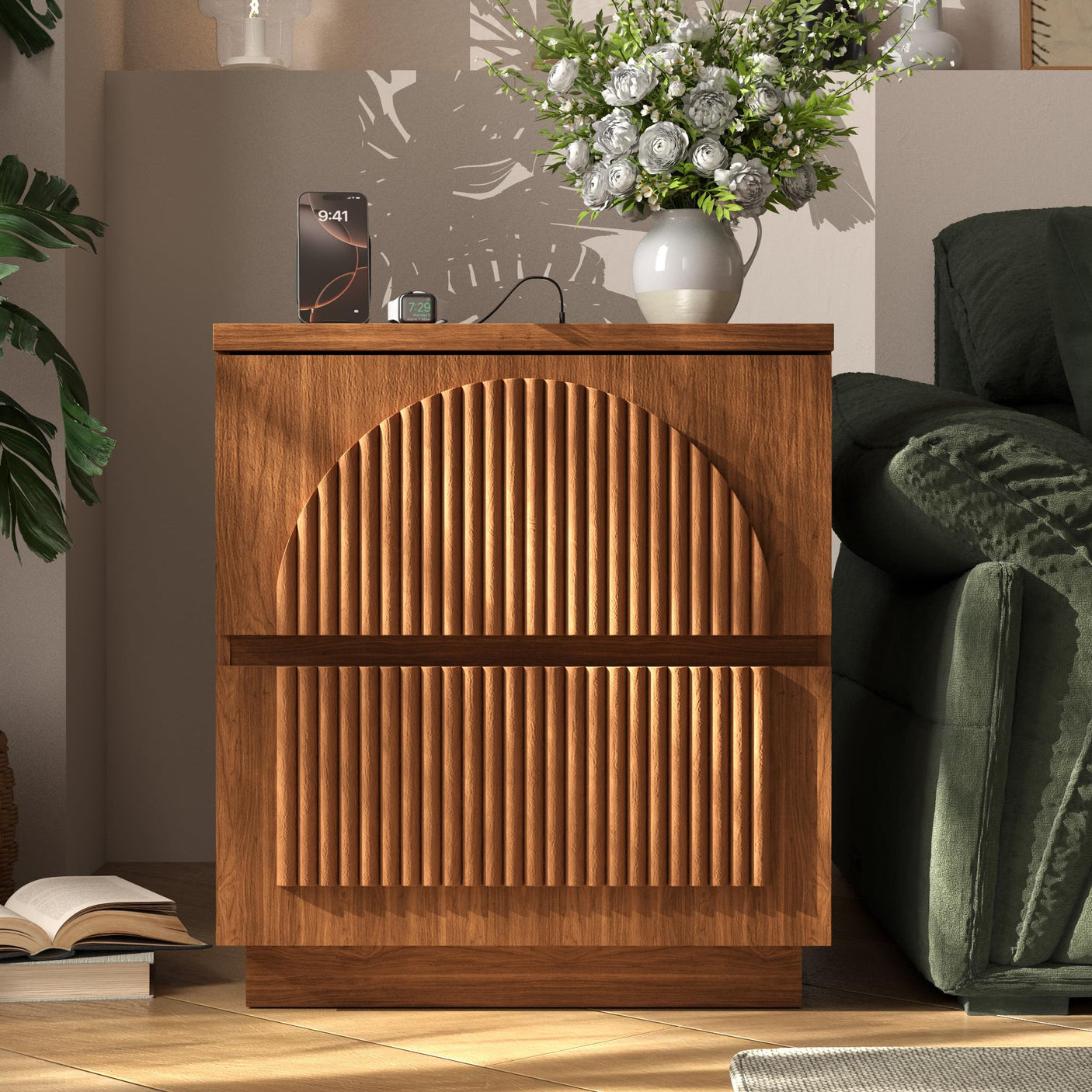 Yechen Modern Fluted Nightstand with Storage, Arched Reeded Night Stand with Charging Station, Bedside Table for Bedroom, Walnut