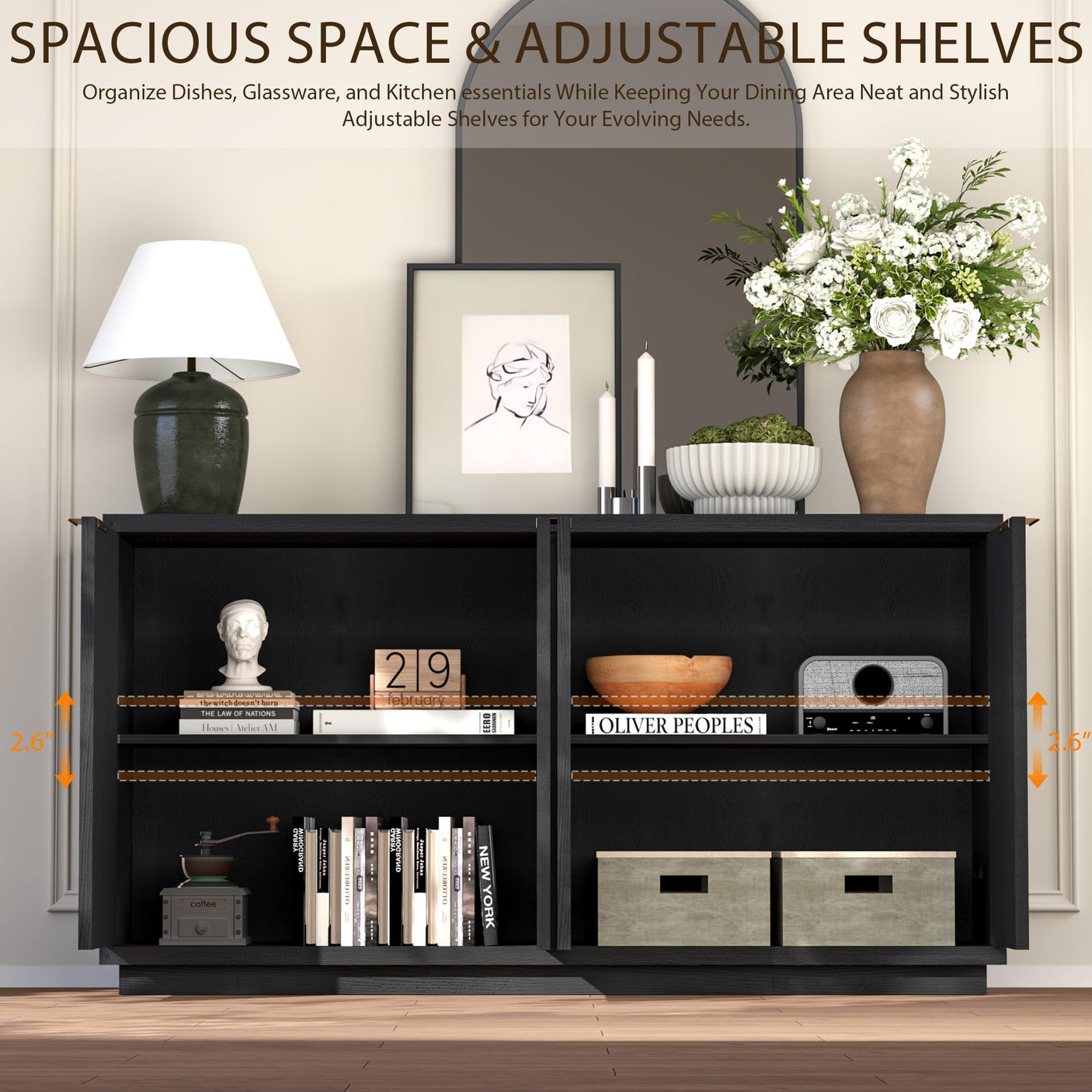Yechen 59" Walnut Sideboard – Modern 3D Geometric Buffet Cabinet