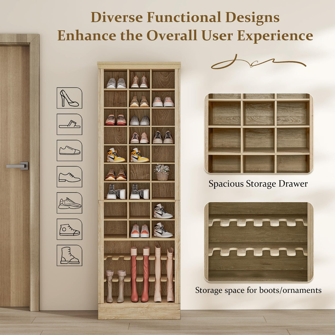 Yechen Tall Shoe Cabinet – 9-Tier, 27 Cubbies, 74.9" Freestanding Organizer | Light Brown