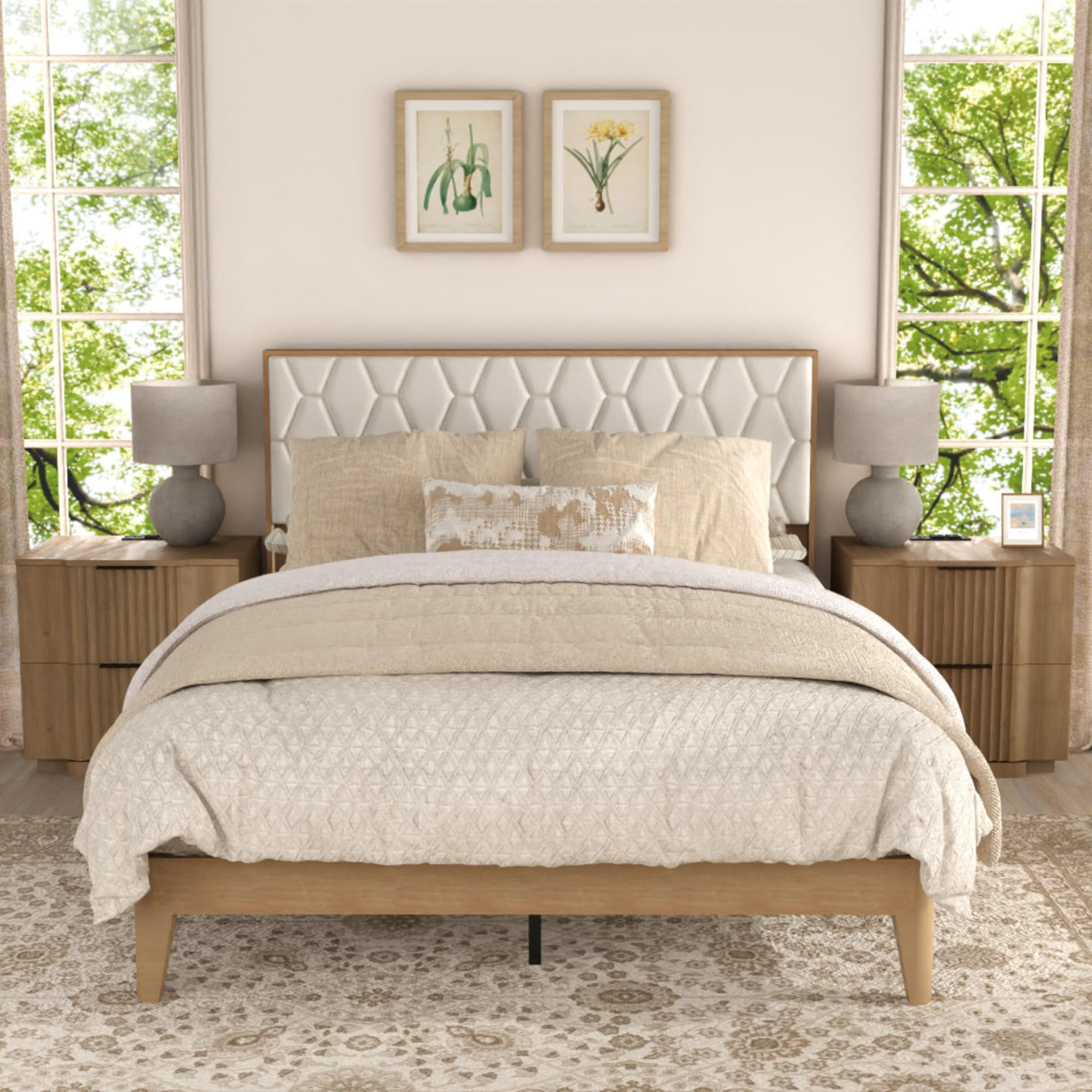Yechen Diamond Headboard Platform Bed Frame | Boho Wood-Look, No Box Spring Needed