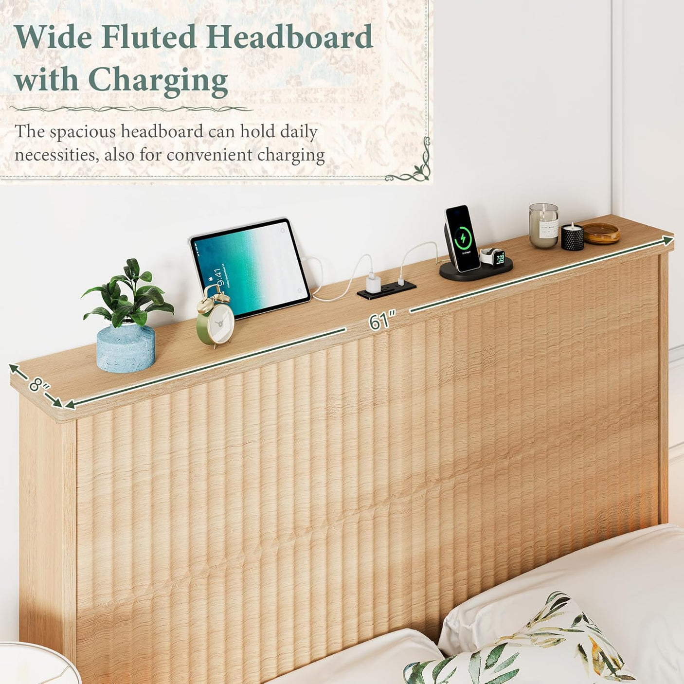 Retro Fluted Queen Bed Frame with 55" Tall Headboard and Storage Drawers