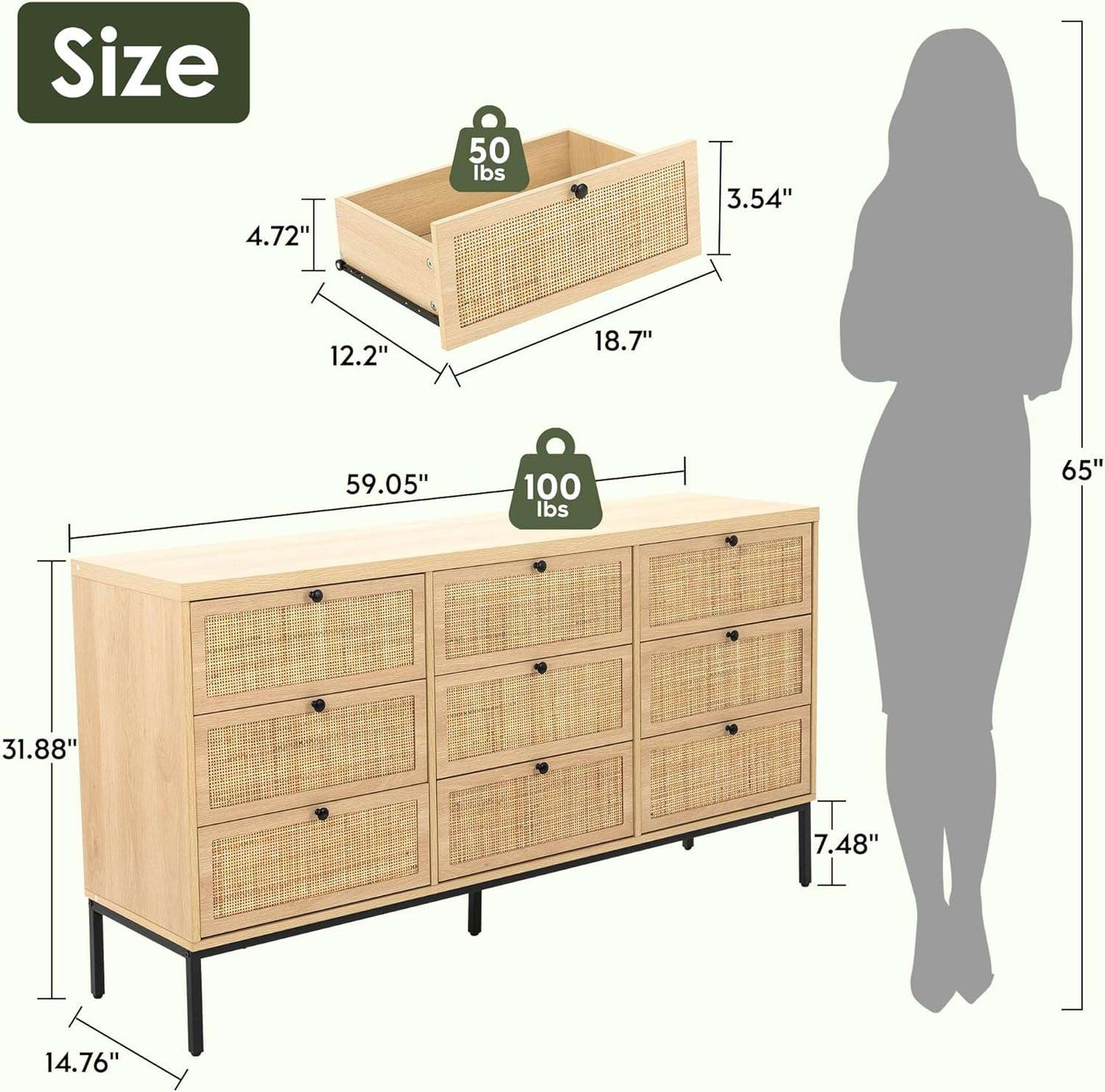 59" Wide Natural Rattan 9 Drawer Dresser