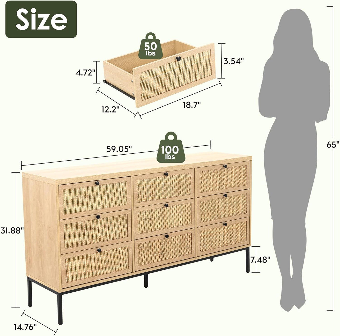 59" Wide Natural Rattan 9 Drawer Dresser