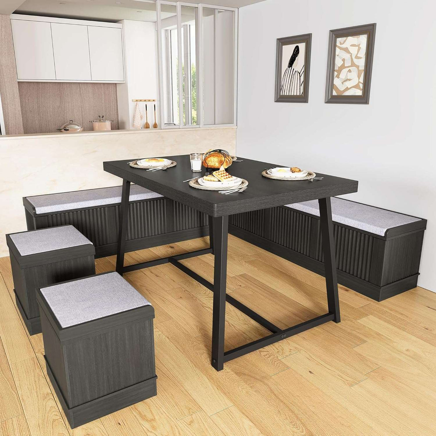 47 Inch Corner Dining Table Set with Storage Stool and Storage Bench