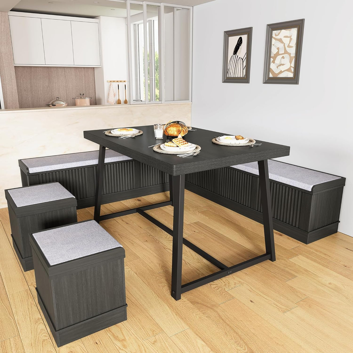 47 Inch Corner Dining Table Set with Storage Stool and Storage Bench