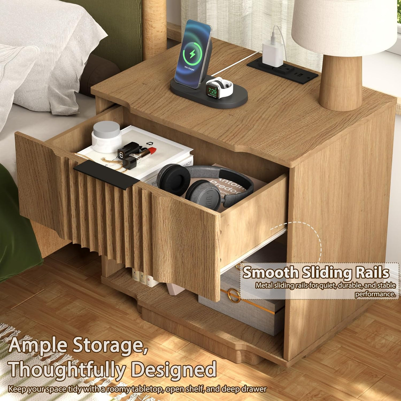 Fluted Night Stand with 20W Fast Charging Station