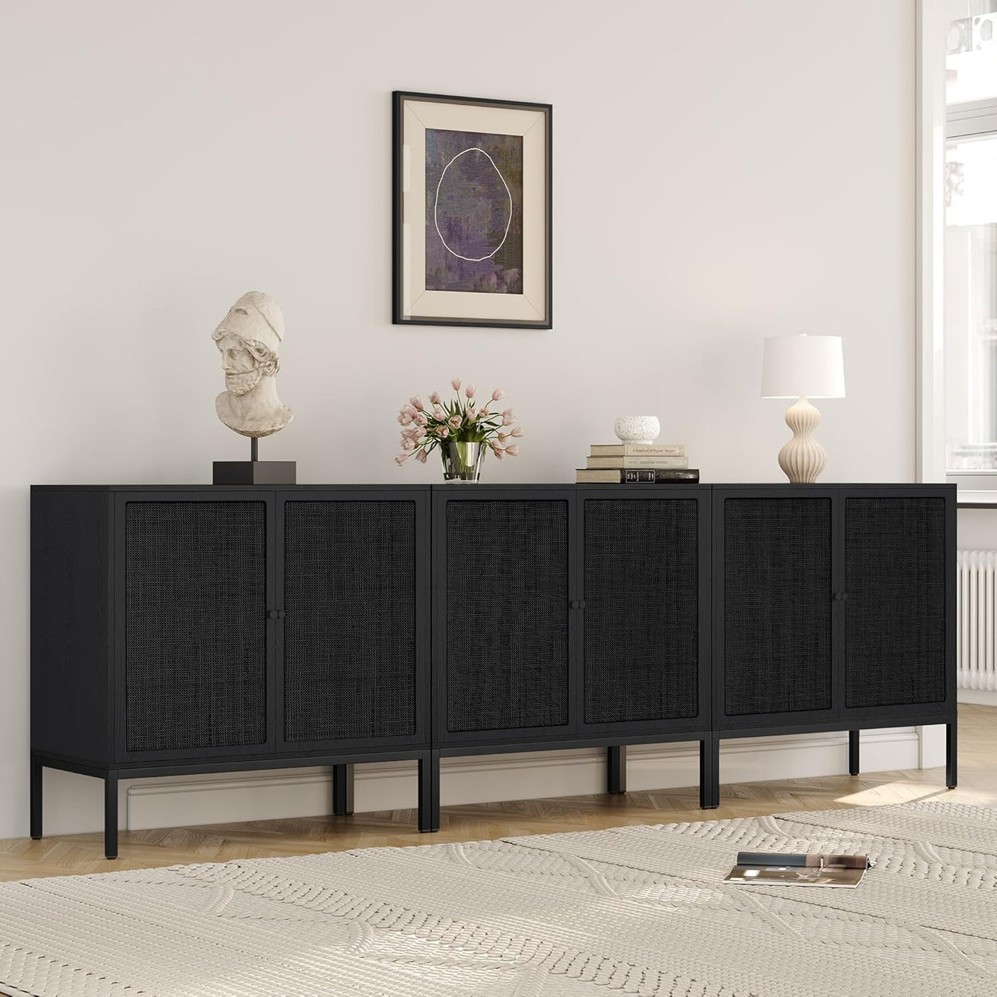 Sideboard Cabinet with Natural Rattan Decorated Doors