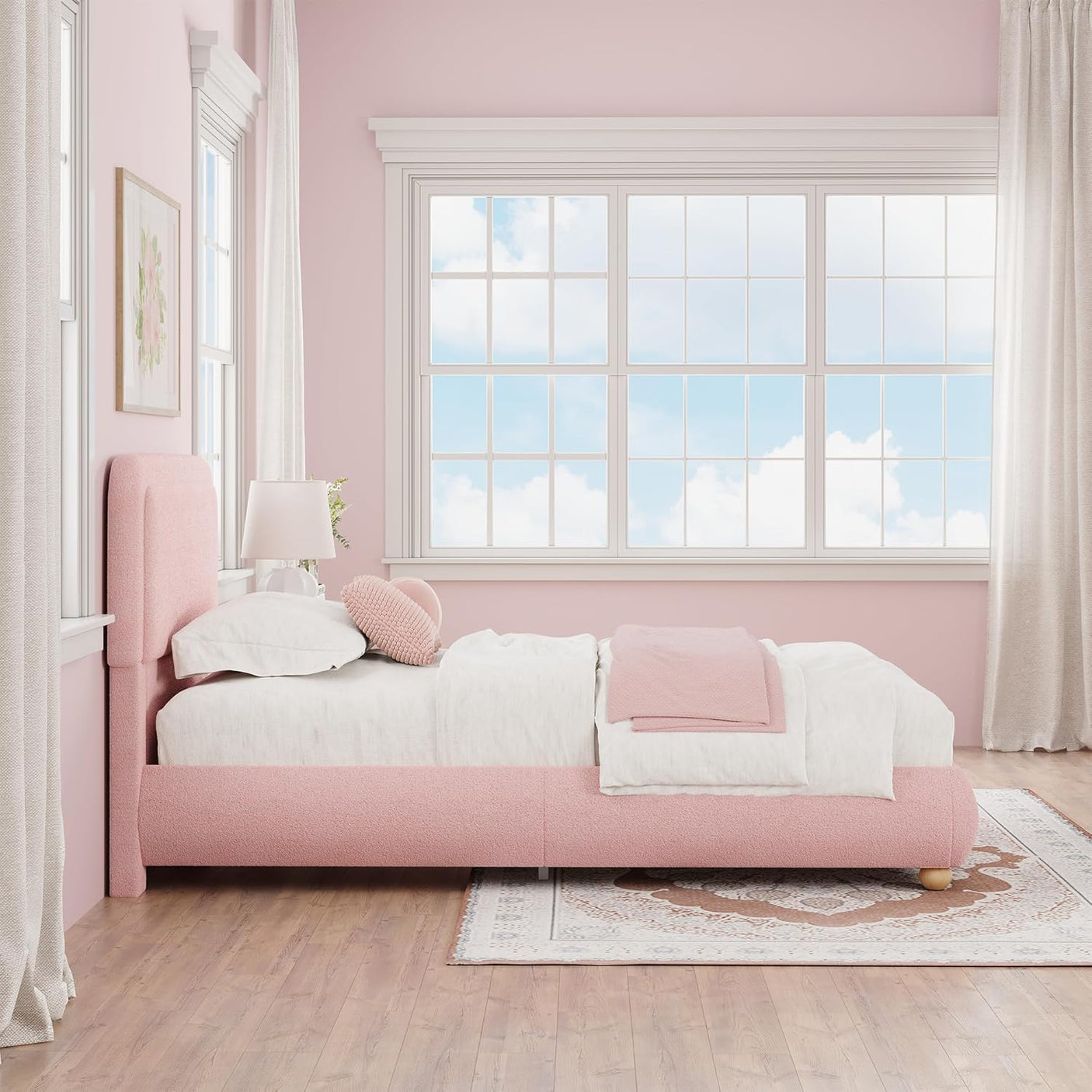 Boucle Fabric Cloud Bed Frame with Round Corner Headboard