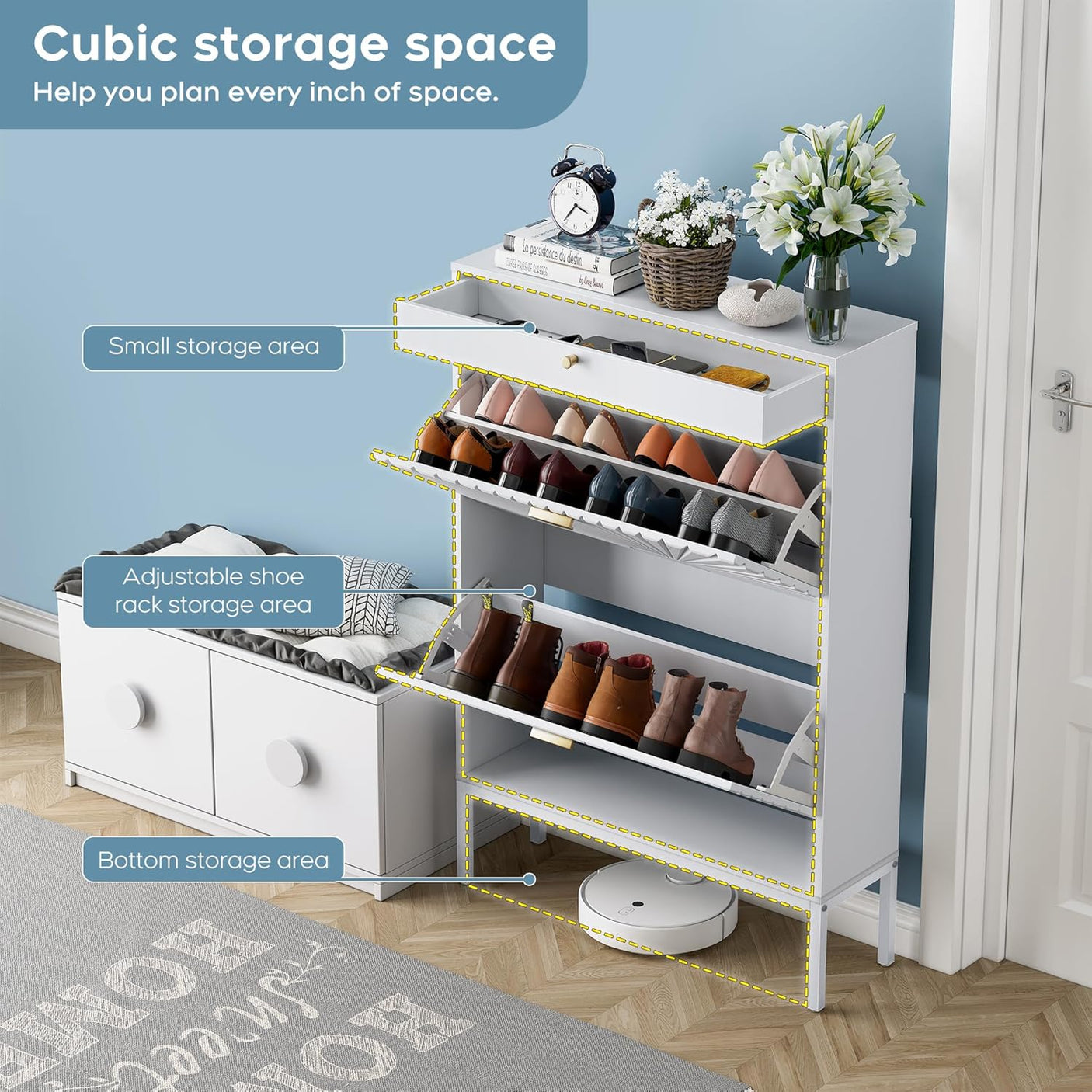 Slim Entryway Shoe Organizer with Half-Circle Doors