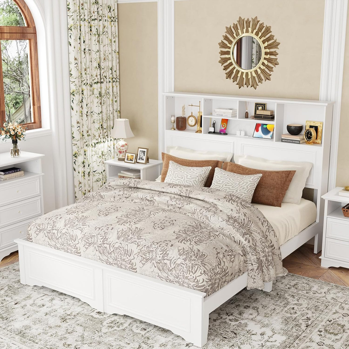 Farmhouse Queen Size Bed Frame with 4 Storage Drawers