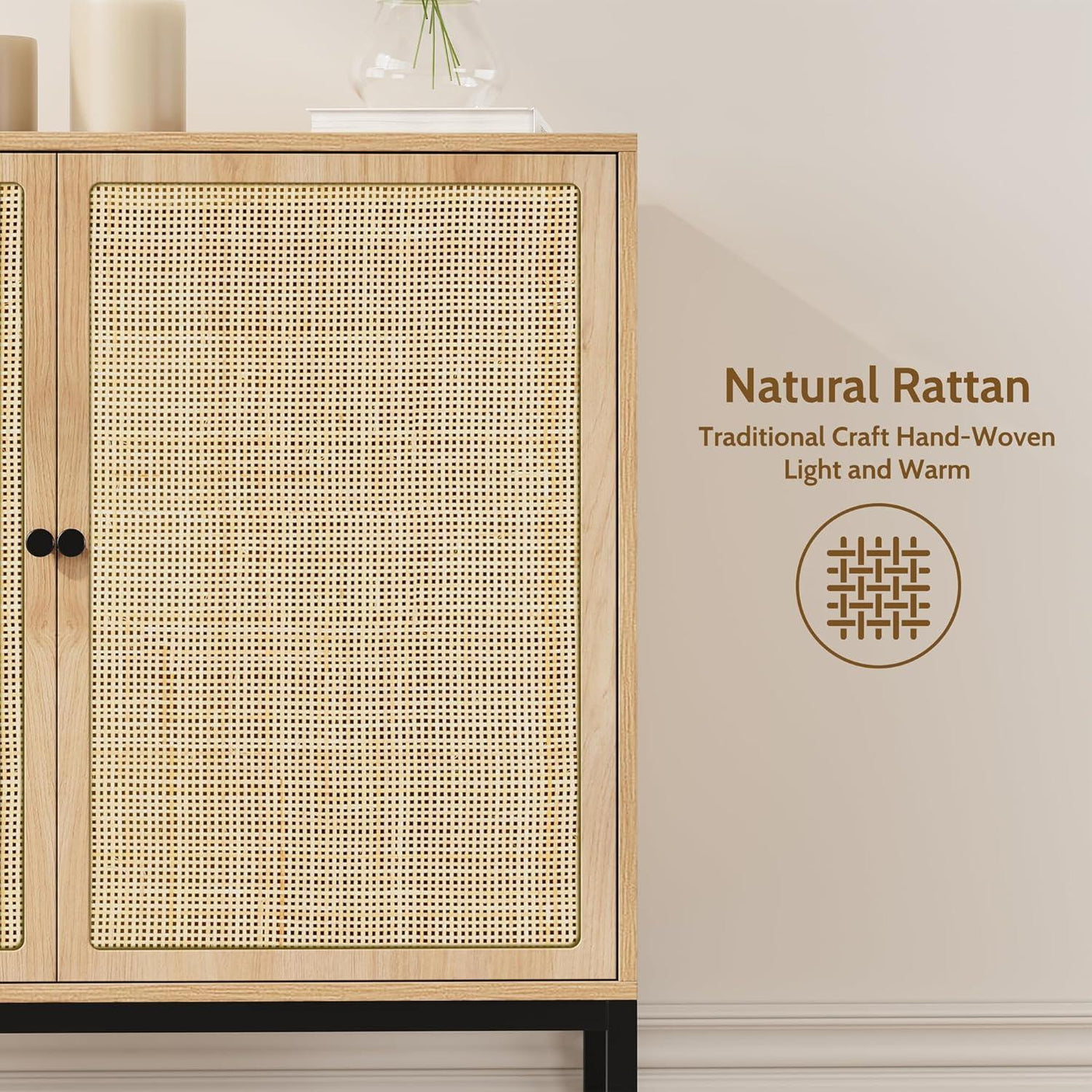 Sideboard Cabinet with Natural Rattan Decorated Doors