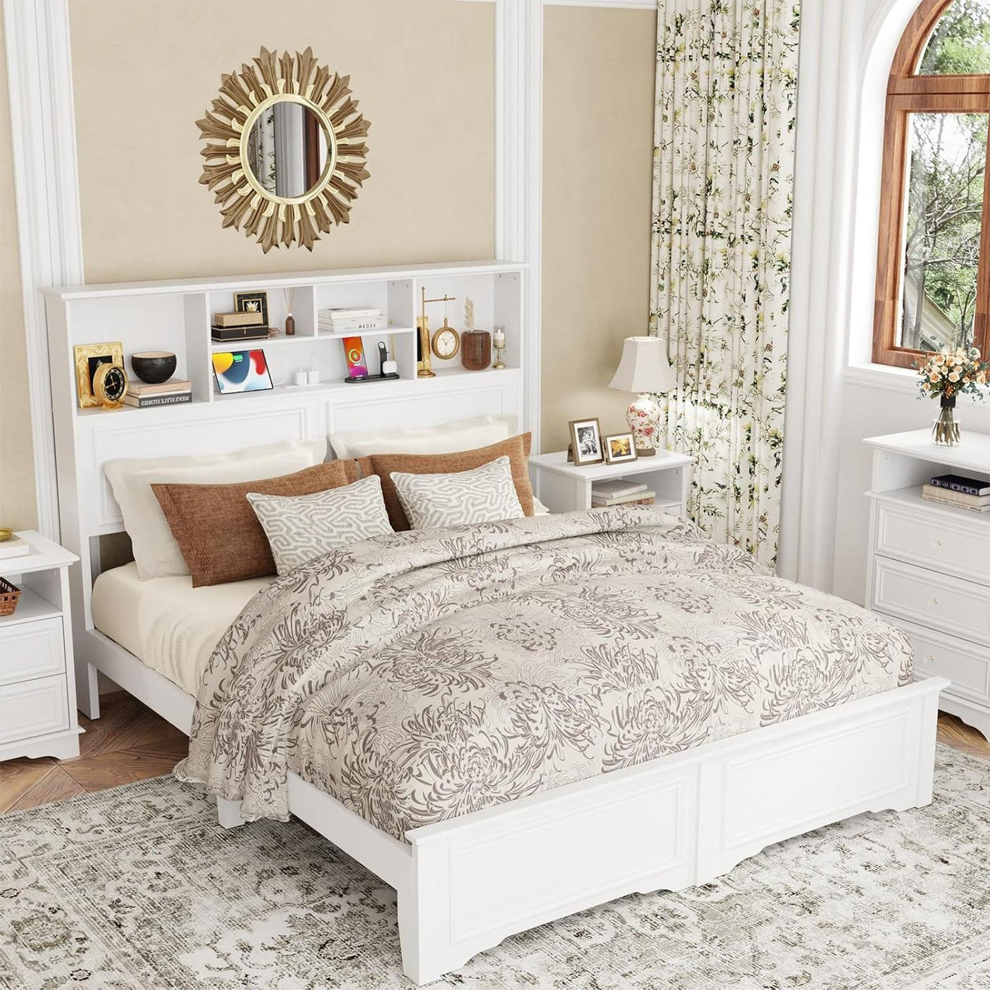 Farmhouse Queen Size Bed Frame with 4 Storage Drawers