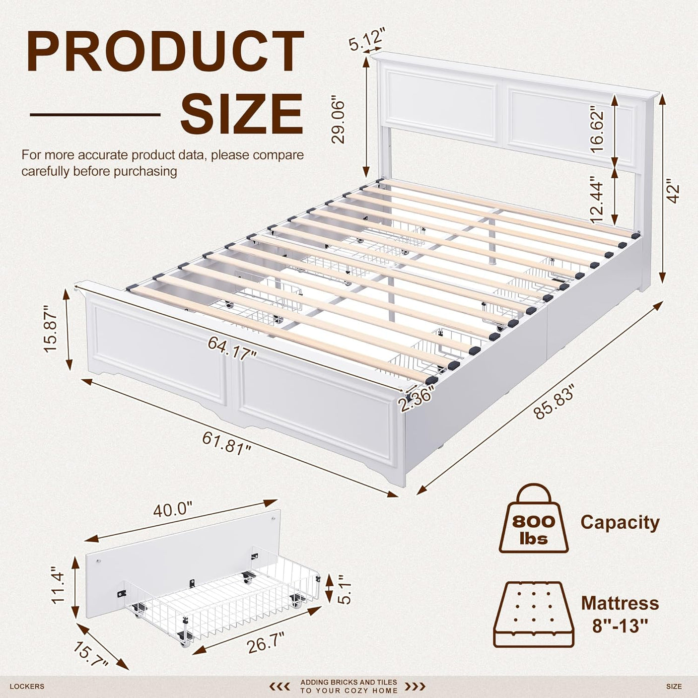 Farmhouse Queen Size Bed Frame with 4 Storage Drawers