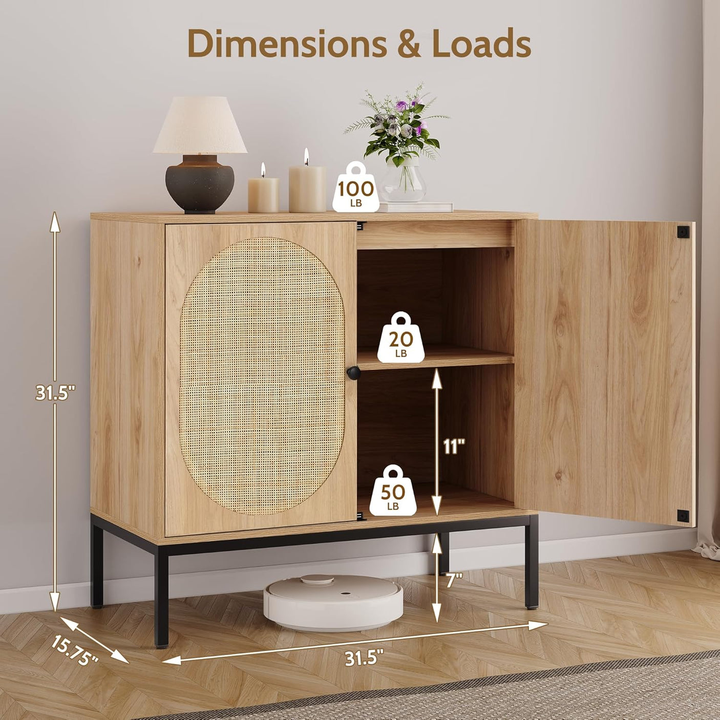 Sideboard Cabinet with Natural Rattan Decorated Doors