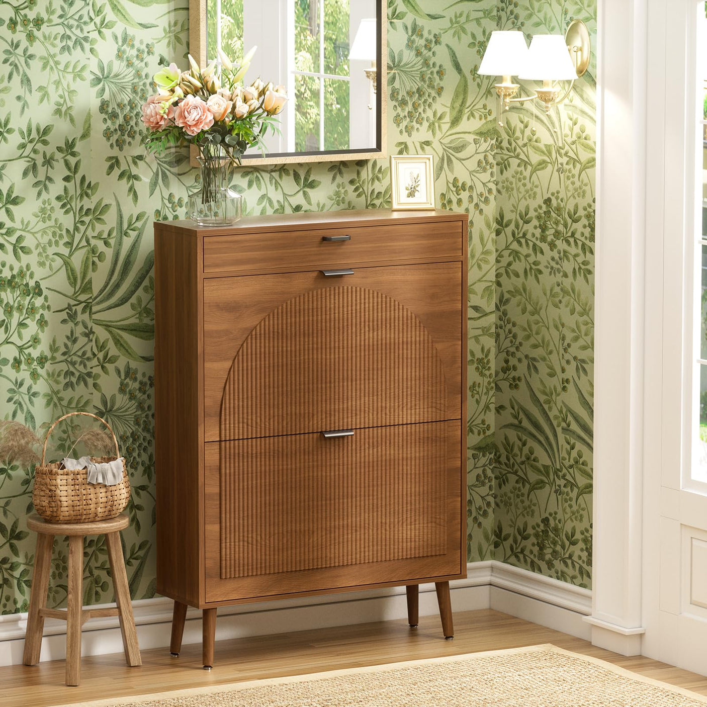Slim Fluted Shoe Cabinet with Flip Drawers | Entryway Shoe Organizer | Walnut & Natural Oak