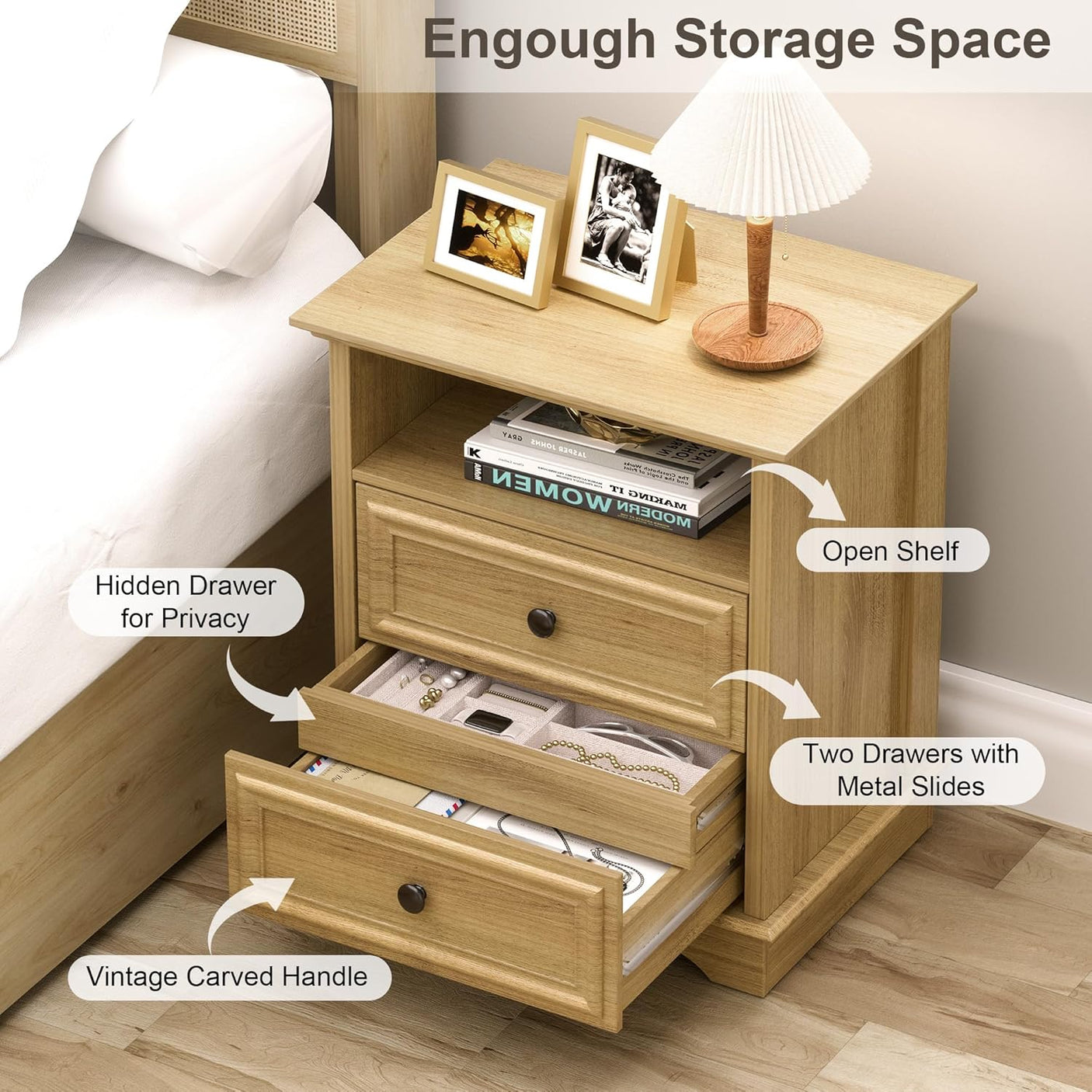 Farmhouse Mid Century Modern Nightstand, 2-Drawer 25" Tall Wood