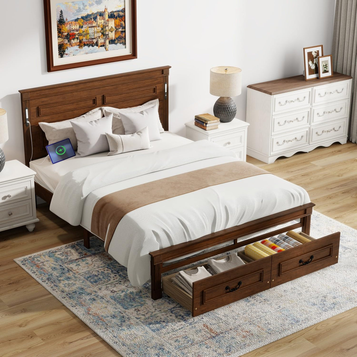 Farmhouse Bed Frame with Storage Drawers & LED Lights | Solid Pine Wood