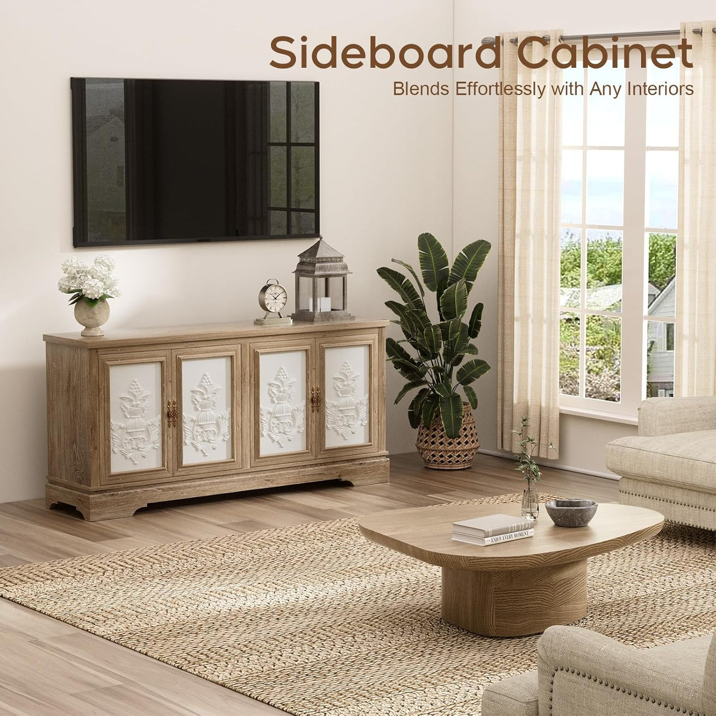 63" Farmhouse Accent Sideboard Buffet Cabinet with Painted 3D Decorative Doors