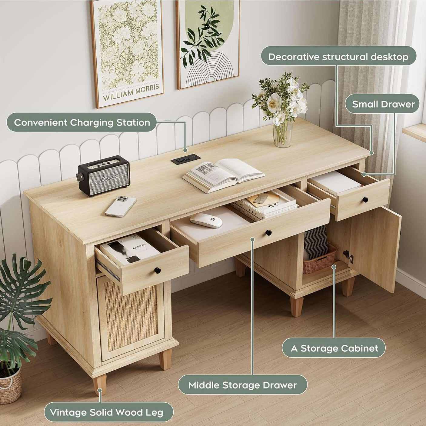 58" Modern Boho Rattan Door Executive Desk