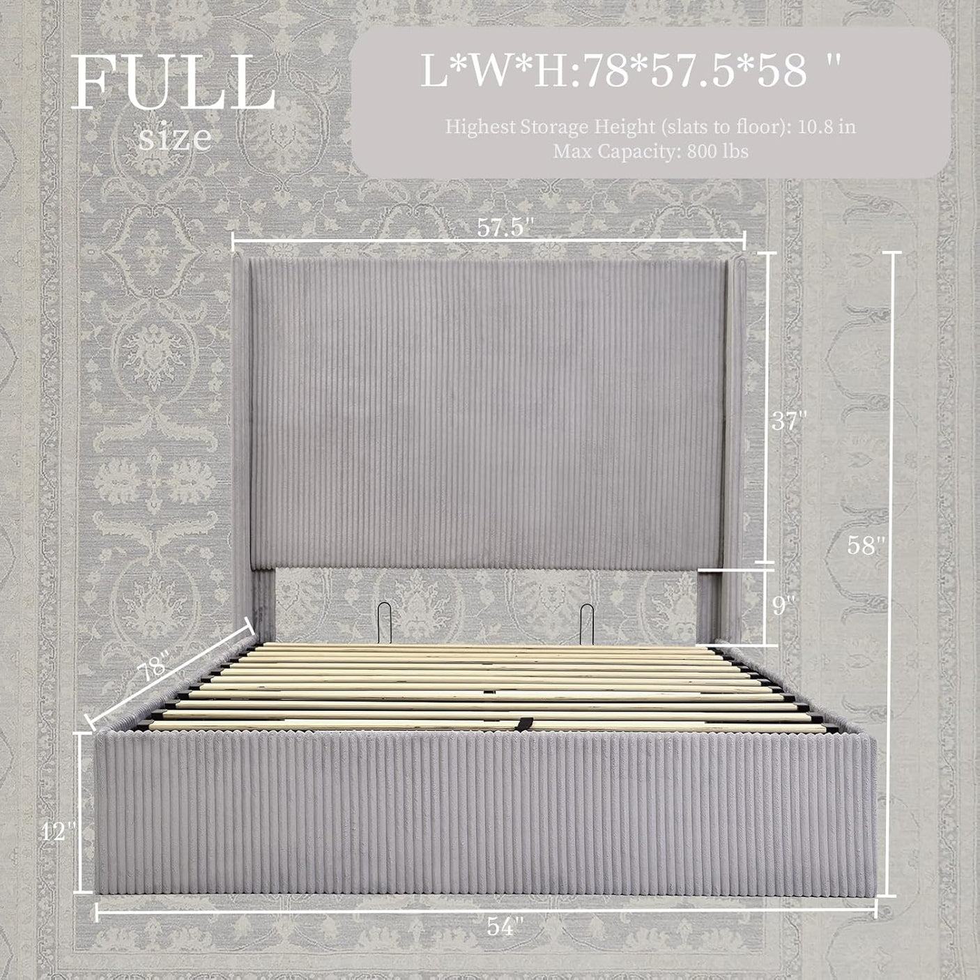 58" Tall Full Bed Frame with Lift Up Storage