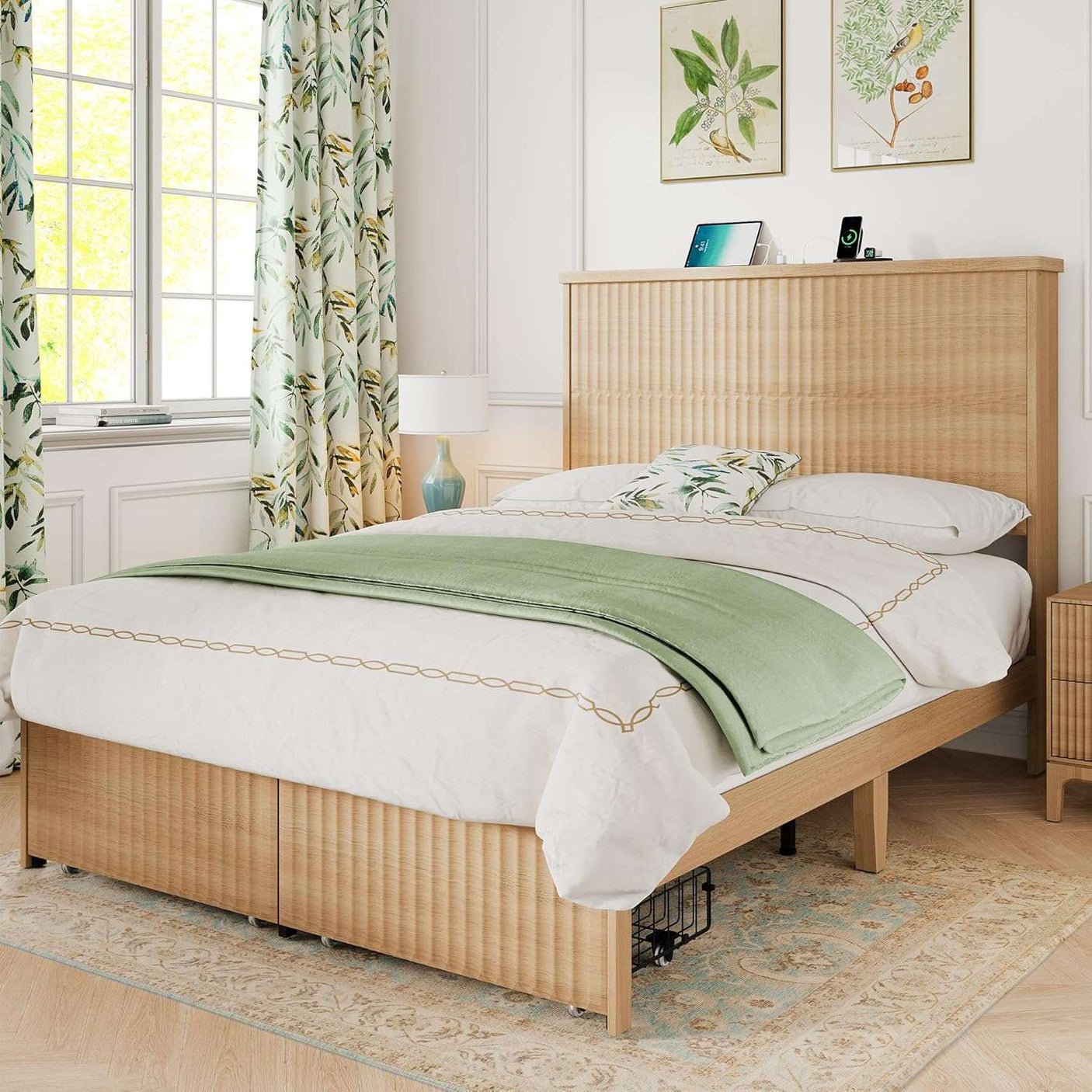Retro Fluted Queen Bed Frame with 55" Tall Headboard and Storage Drawers