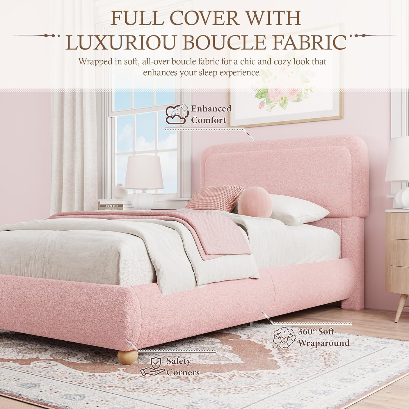 Boucle Fabric Cloud Bed Frame with Round Corner Headboard