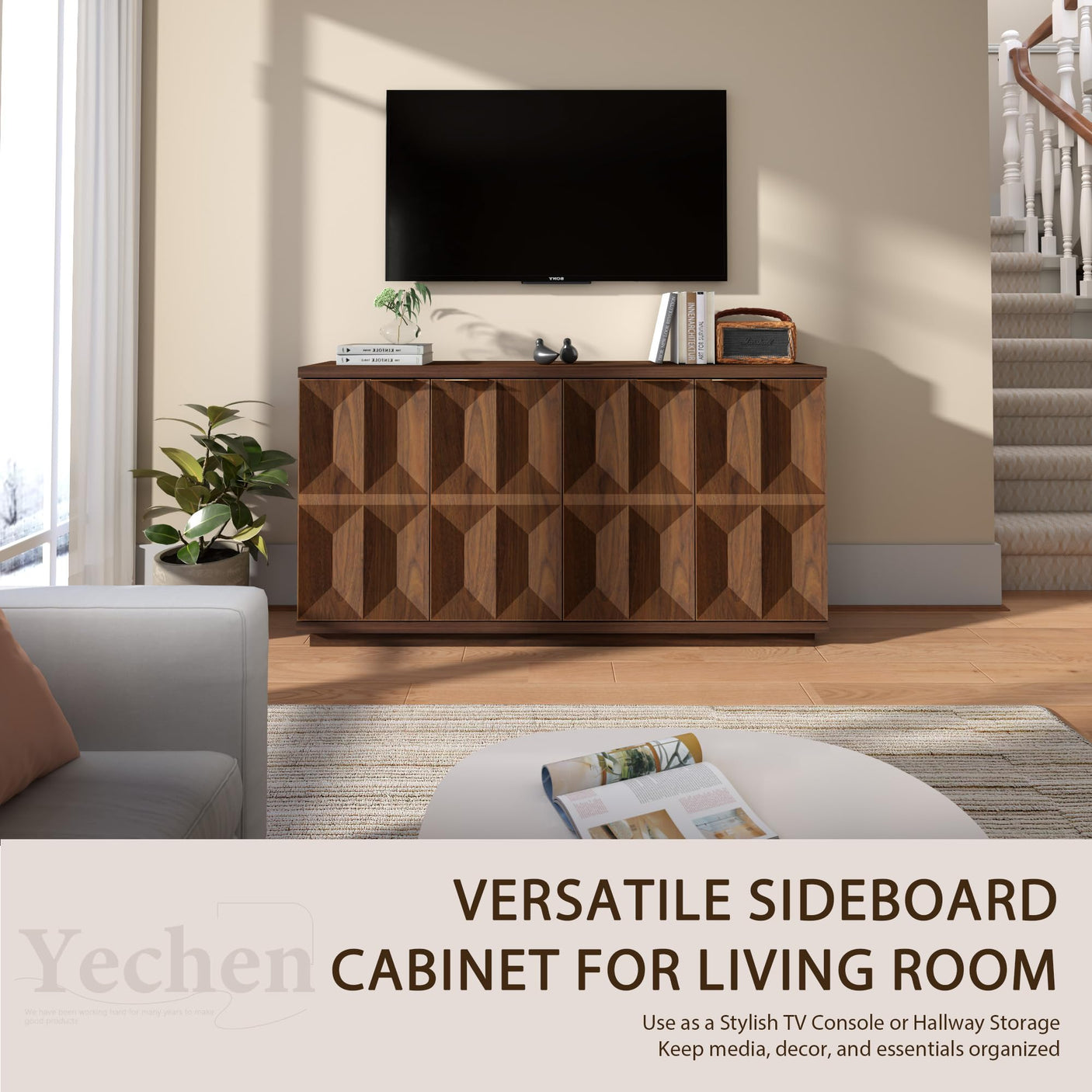 Yechen 59" Walnut Sideboard – Modern 3D Geometric Buffet Cabinet