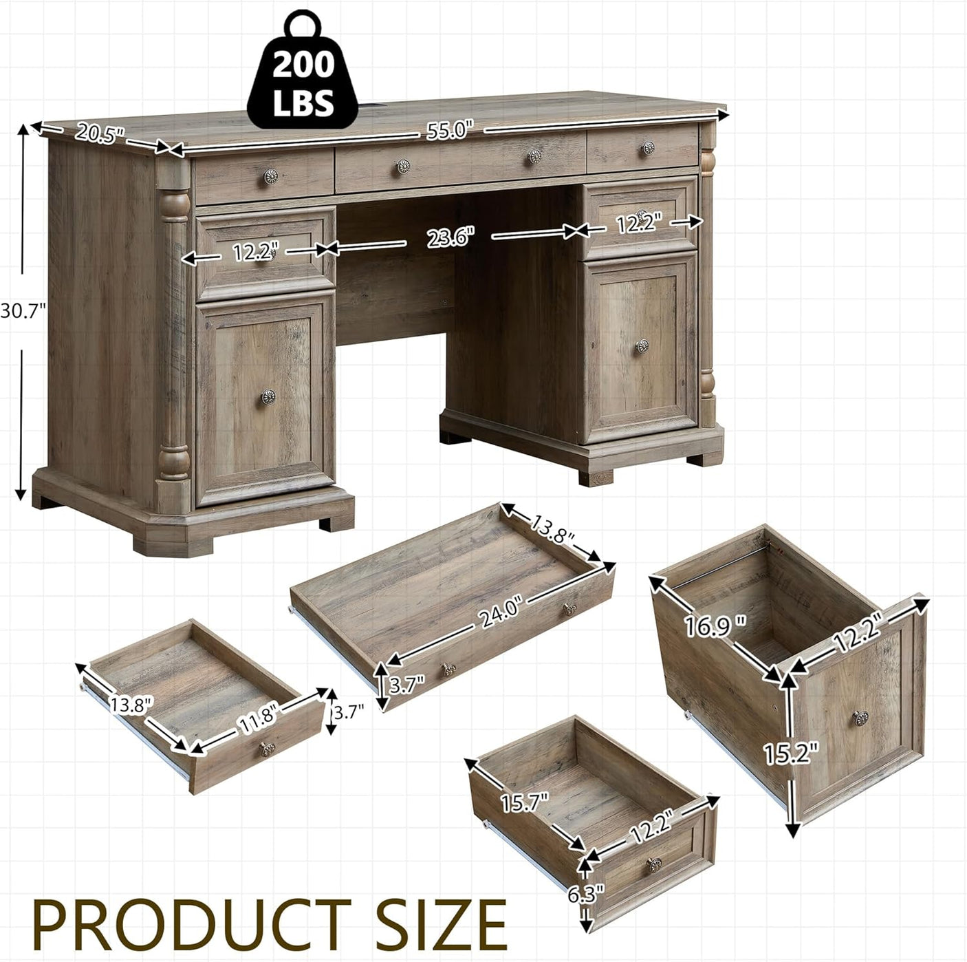 55'' Wood Executive Desk with 7 Drawers