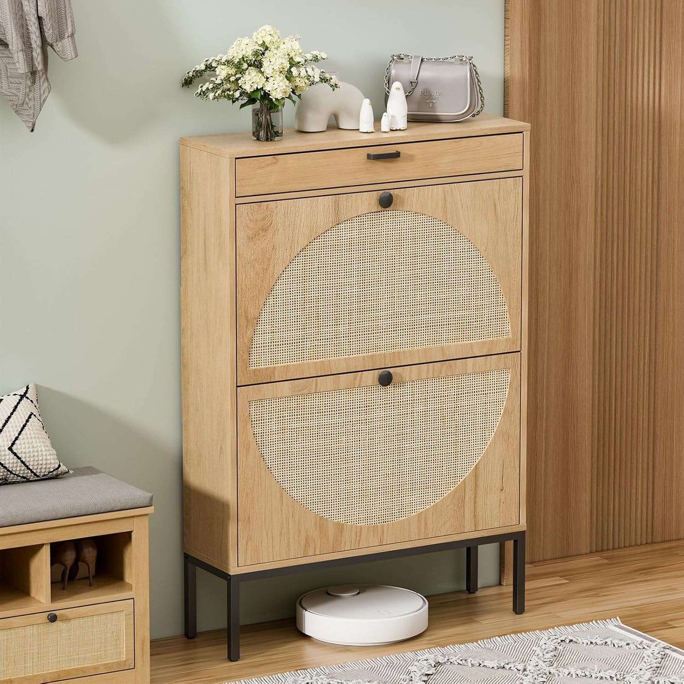 Shoe Rack Storage Organizer with 2 Natural Semi-Circular Rattan Doors