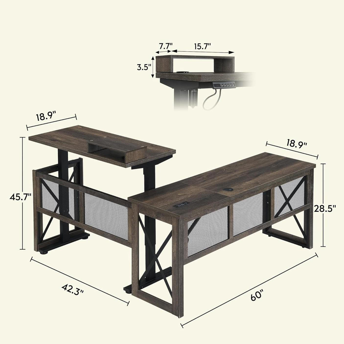 L-Shaped Standing Adjustable Desk, 4-in-1 Power Strip