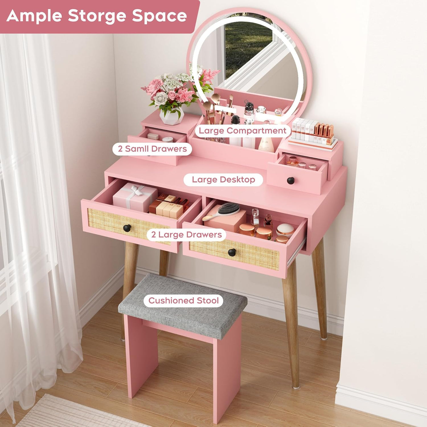 30" Vintage Makeup Vanity Table Set with Flip-Top Mirror & Rattan Drawers, Compact Dressing Table with Padded Stool