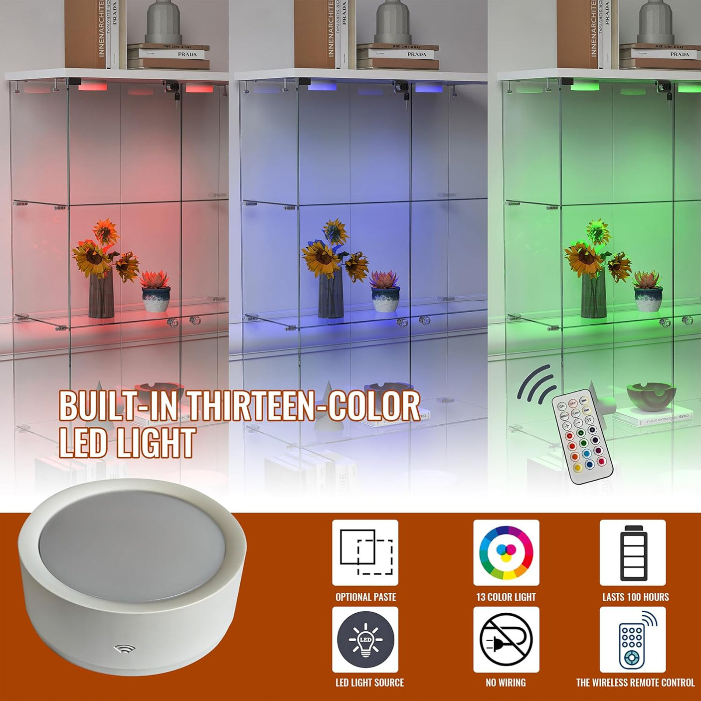 YECHEN Glass Display Cabinet with LED Lights | Double-Door Curio Cabinet with 2 Drawers