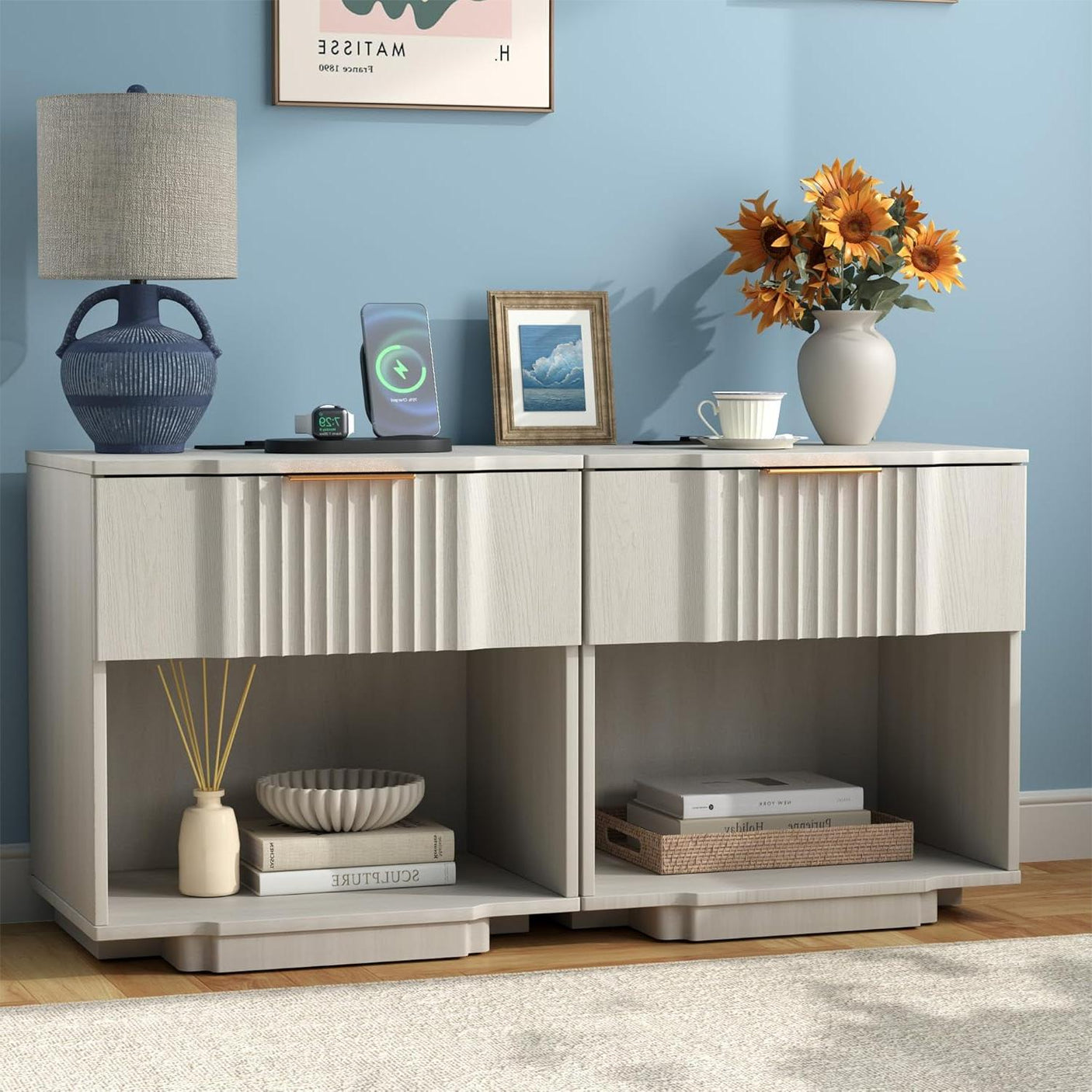 Fluted Night Stand with 20W Fast Charging Station