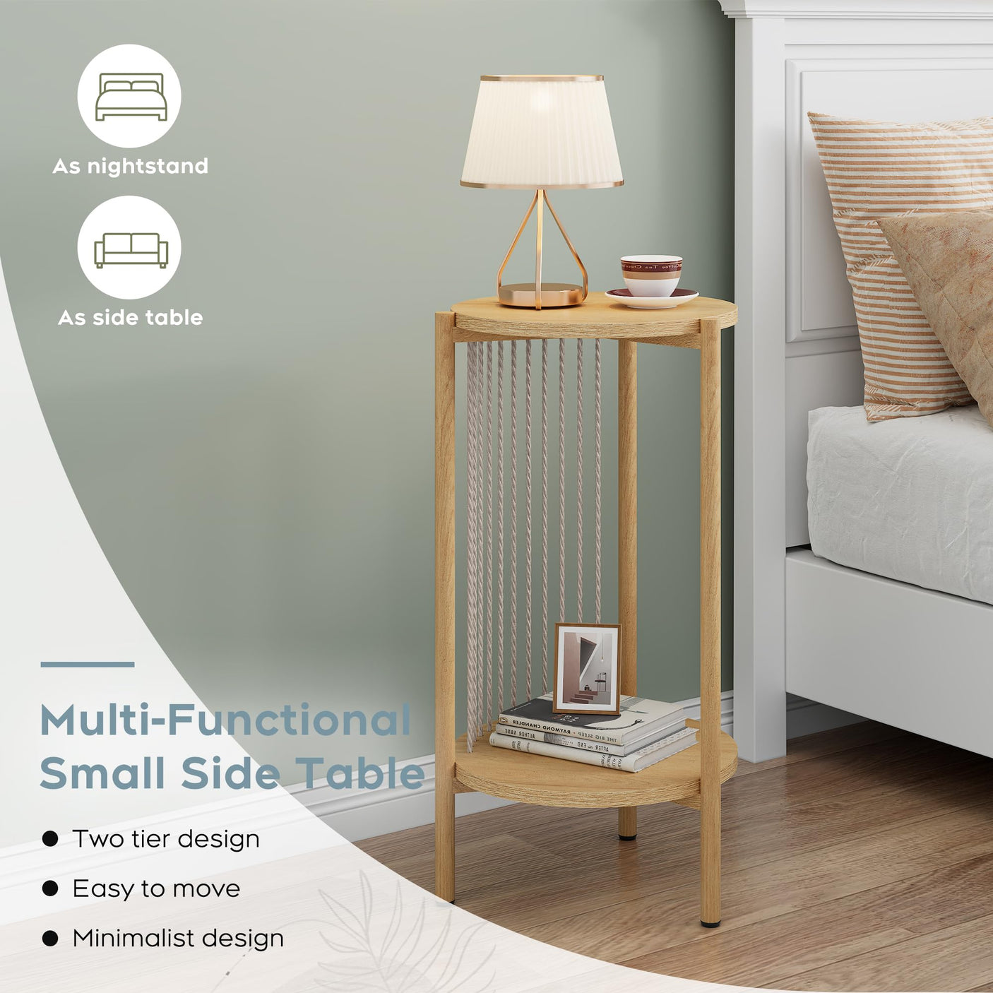Yechen Boho Coffee Table Set of 3 – Hand-Woven Natural Rope, 2-Tier Round Wood Top & Metal Frame | Living Room Side Tables