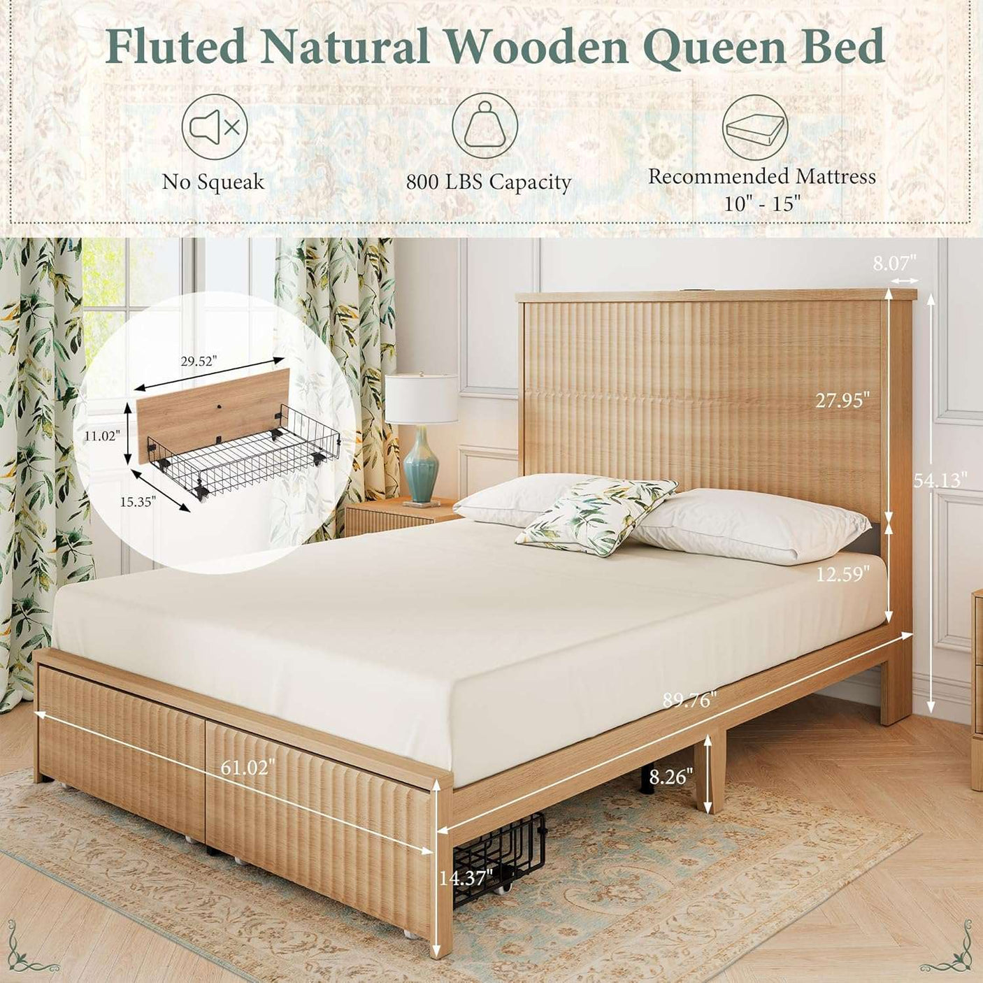 Retro Fluted Queen Bed Frame with 55" Tall Headboard and Storage Drawers