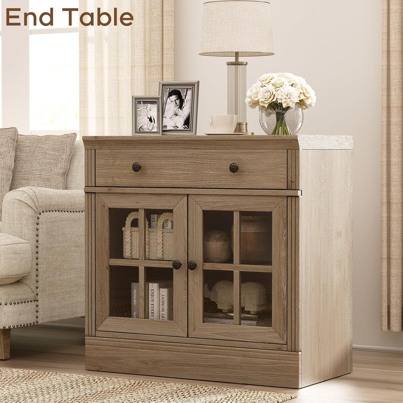 31.5” W Farmhouse Sideboard Cabinet with Drawer & Glass Doors