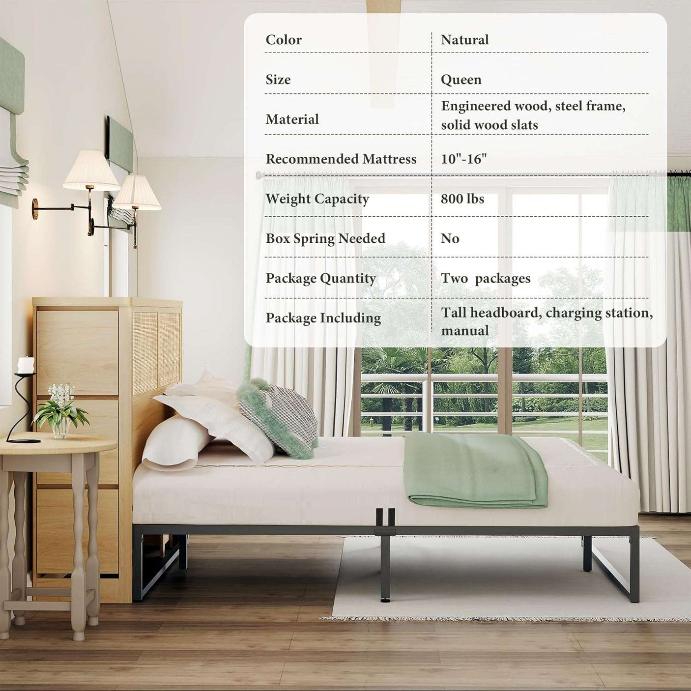 Boho Rattan Queen Beds Frame with Charging Station Headboard